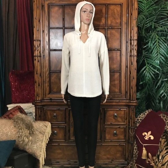 NWOT Tribal Ivory Chenille Drawstring Grommet Curved Hem Sweater Hoodie - Picture 5 of 16